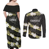 Born And Raised Aloha Hawaii Couples Matching Off Shoulder Maxi Dress and Long Sleeve Button Shirt Kanaka Kakau Hawaiian Tiare Pakalana Lei - Polynesian Pride