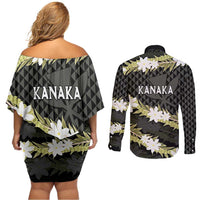 Born And Raised Aloha Hawaii Couples Matching Off Shoulder Short Dress and Long Sleeve Button Shirt Kanaka Kakau Hawaiian Tiare Pakalana Lei - Polynesian Pride