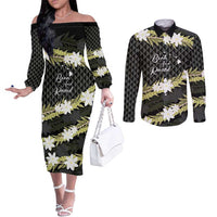 Born And Raised Aloha Hawaii Couples Matching Off The Shoulder Long Sleeve Dress and Long Sleeve Button Shirt Kanaka Kakau Hawaiian Tiare Pakalana Lei - Polynesian Pride