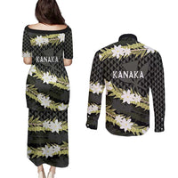 Born And Raised Aloha Hawaii Couples Matching Puletasi and Long Sleeve Button Shirt Kanaka Kakau Hawaiian Tiare Pakalana Lei - Polynesian Pride