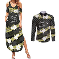 Born And Raised Aloha Hawaii Couples Matching Summer Maxi Dress and Long Sleeve Button Shirt Kanaka Kakau Hawaiian Tiare Pakalana Lei LT14 Black - Polynesian Pride