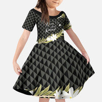 Born And Raised Aloha Hawaii Family Matching Off The Shoulder Long Sleeve Dress and Hawaiian Shirt Kanaka Kakau Hawaiian Tiare Pakalana Lei LT14 Daughter's Dress Black - Polynesian Pride
