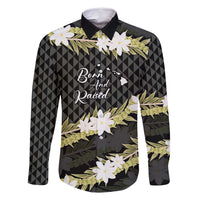 Born And Raised Aloha Hawaii Family Matching Off Shoulder Maxi Dress and Hawaiian Shirt Kanaka Kakau Hawaiian Tiare Pakalana Lei LT14 Dad's Shirt - Long Sleeve Black - Polynesian Pride