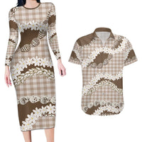Brown Hawaii Tiare and Shell Lei Couples Matching Long Sleeve Bodycon Dress and Hawaiian Shirt Hawaiian Palaka Luxury Vibes - Polynesian Pride