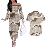 Brown Hawaii Tiare and Shell Lei Couples Matching Off The Shoulder Long Sleeve Dress and Hawaiian Shirt Hawaiian Palaka Luxury Vibes - Polynesian Pride