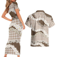 Brown Hawaii Tiare and Shell Lei Couples Matching Short Sleeve Bodycon Dress and Hawaiian Shirt Hawaiian Palaka Luxury Vibes - Polynesian Pride