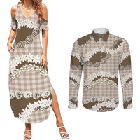 Brown Hawaii Tiare and Shell Lei Couples Matching Summer Maxi Dress and Long Sleeve Button Shirt Hawaiian Palaka Luxury Vibes - Polynesian Pride