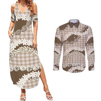 Brown Hawaii Tiare and Shell Lei Couples Matching Summer Maxi Dress and Long Sleeve Button Shirt Hawaiian Palaka Luxury Vibes - Polynesian Pride