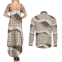Brown Hawaii Tiare and Shell Lei Couples Matching Summer Maxi Dress and Long Sleeve Button Shirt Hawaiian Palaka Luxury Vibes - Polynesian Pride