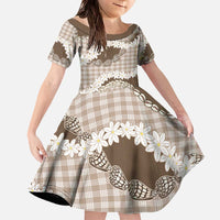 Brown Hawaii Tiare and Shell Lei Family Matching Off The Shoulder Long Sleeve Dress and Hawaiian Shirt Hawaiian Palaka Luxury Vibes - Polynesian Pride