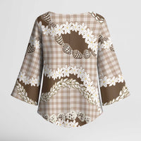Brown Hawaii Tiare and Shell Lei Kimono Sleeve Blouse Hawaiian Palaka Luxury Vibes - Polynesian Pride