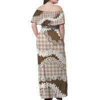 Brown Hawaii Tiare and Shell Lei Off Shoulder Maxi Dress Hawaiian Palaka Luxury Vibes - Polynesian Pride