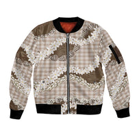 Brown Hawaii Tiare and Shell Lei Sleeve Zip Bomber Jacket Hawaiian Palaka Luxury Vibes - Polynesian Pride