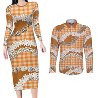 Orange Hawaii Tiare and Shell Lei Couples Matching Long Sleeve Bodycon Dress and Long Sleeve Button Shirt Hawaiian Palaka Luxury Vibes - Polynesian Pride