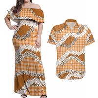 Orange Hawaii Tiare and Shell Lei Couples Matching Off Shoulder Maxi Dress and Hawaiian Shirt Hawaiian Palaka Luxury Vibes - Polynesian Pride