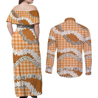 Orange Hawaii Tiare and Shell Lei Couples Matching Off Shoulder Maxi Dress and Long Sleeve Button Shirt Hawaiian Palaka Luxury Vibes - Polynesian Pride