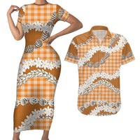 Orange Hawaii Tiare and Shell Lei Couples Matching Short Sleeve Bodycon Dress and Hawaiian Shirt Hawaiian Palaka Luxury Vibes - Polynesian Pride