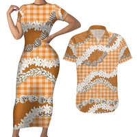 Orange Hawaii Tiare and Shell Lei Couples Matching Short Sleeve Bodycon Dress and Hawaiian Shirt Hawaiian Palaka Luxury Vibes - Polynesian Pride