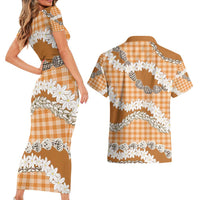 Orange Hawaii Tiare and Shell Lei Couples Matching Short Sleeve Bodycon Dress and Hawaiian Shirt Hawaiian Palaka Luxury Vibes - Polynesian Pride
