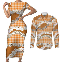 Orange Hawaii Tiare and Shell Lei Couples Matching Short Sleeve Bodycon Dress and Long Sleeve Button Shirt Hawaiian Palaka Luxury Vibes - Polynesian Pride