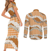 Orange Hawaii Tiare and Shell Lei Couples Matching Short Sleeve Bodycon Dress and Long Sleeve Button Shirt Hawaiian Palaka Luxury Vibes - Polynesian Pride