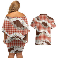 Red Hawaii Tiare and Shell Lei Couples Matching Off Shoulder Short Dress and Hawaiian Shirt Hawaiian Palaka Luxury Vibes - Polynesian Pride