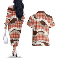 Red Hawaii Tiare and Shell Lei Couples Matching Off The Shoulder Long Sleeve Dress and Hawaiian Shirt Hawaiian Palaka Luxury Vibes - Polynesian Pride