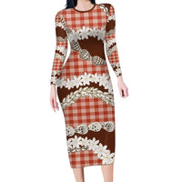 Red Hawaii Tiare and Shell Lei Long Sleeve Bodycon Dress Hawaiian Palaka Luxury Vibes LT14 Long Dress Red - Polynesian Pride