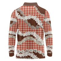 Red Hawaii Tiare and Shell Lei Long Sleeve Polo Shirt Hawaiian Palaka Luxury Vibes - Polynesian Pride