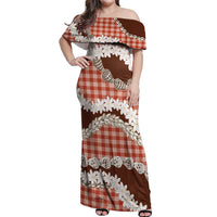 Red Hawaii Tiare and Shell Lei Off Shoulder Maxi Dress Hawaiian Palaka Luxury Vibes - Polynesian Pride