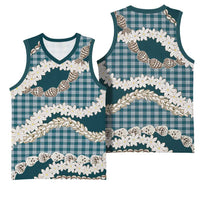 Dark Cyan Hawaii Tiare and Shell Lei Basketball Jersey Hawaiian Palaka Luxury Vibes - Polynesian Pride