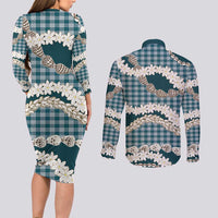 Dark Cyan Hawaii Tiare and Shell Lei Couples Matching Long Sleeve Bodycon Dress and Long Sleeve Button Shirt Hawaiian Palaka Luxury Vibes - Polynesian Pride