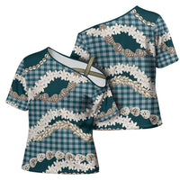 Dark Cyan Hawaii Tiare and Shell Lei Cross Shoulder Shirt Hawaiian Palaka Luxury Vibes - Polynesian Pride