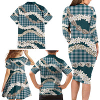 Dark Cyan Hawaii Tiare and Shell Lei Family Matching Long Sleeve Bodycon Dress and Hawaiian Shirt Hawaiian Palaka Luxury Vibes - Polynesian Pride