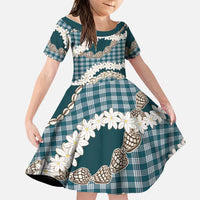 Dark Cyan Hawaii Tiare and Shell Lei Family Matching Off The Shoulder Long Sleeve Dress and Hawaiian Shirt Hawaiian Palaka Luxury Vibes LT14 Daughter's Dress Dark Cyan - Polynesian Pride