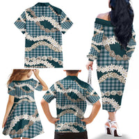Dark Cyan Hawaii Tiare and Shell Lei Family Matching Off The Shoulder Long Sleeve Dress and Hawaiian Shirt Hawaiian Palaka Luxury Vibes - Polynesian Pride