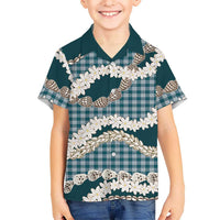 Dark Cyan Hawaii Tiare and Shell Lei Family Matching Off The Shoulder Long Sleeve Dress and Hawaiian Shirt Hawaiian Palaka Luxury Vibes LT14 Son's Shirt Dark Cyan - Polynesian Pride