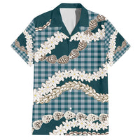 Dark Cyan Hawaii Tiare and Shell Lei Family Matching Off Shoulder Short Dress and Hawaiian Shirt Hawaiian Palaka Luxury Vibes - Polynesian Pride