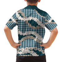 Dark Cyan Hawaii Tiare and Shell Lei Family Matching Short Sleeve Bodycon Dress and Hawaiian Shirt Hawaiian Palaka Luxury Vibes - Polynesian Pride