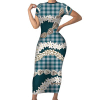 Dark Cyan Hawaii Tiare and Shell Lei Family Matching Short Sleeve Bodycon Dress and Hawaiian Shirt Hawaiian Palaka Luxury Vibes - Polynesian Pride