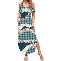 Dark Cyan Hawaii Tiare and Shell Lei Family Matching Summer Maxi Dress and Hawaiian Shirt Hawaiian Palaka Luxury Vibes - Polynesian Pride