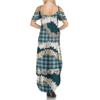 Dark Cyan Hawaii Tiare and Shell Lei Family Matching Summer Maxi Dress and Hawaiian Shirt Hawaiian Palaka Luxury Vibes - Polynesian Pride