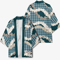 Dark Cyan Hawaii Tiare and Shell Lei Kimono Hawaiian Palaka Luxury Vibes - Polynesian Pride