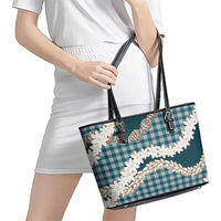 Dark Cyan Hawaii Tiare and Shell Lei Leather Tote Bag Hawaiian Palaka Luxury Vibes - Polynesian Pride