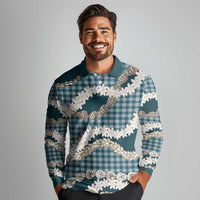 Dark Cyan Hawaii Tiare and Shell Lei Long Sleeve Polo Shirt Hawaiian Palaka Luxury Vibes - Polynesian Pride
