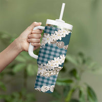 Dark Cyan Hawaii Tiare and Shell Lei Tumbler With Handle Hawaiian Palaka Luxury Vibes - Polynesian Pride