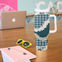 Dark Cyan Hawaii Tiare and Shell Lei Tumbler With Handle Hawaiian Palaka Luxury Vibes - Polynesian Pride