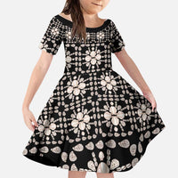 Aloha Hawaii Shell Quilt Family Matching Short Sleeve Bodycon Dress and Hawaiian Shirt Seamless Style LT14 Daughter's Dress Black - Polynesian Pride