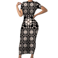 Aloha Hawaii Shell Quilt Short Sleeve Bodycon Dress Seamless Style LT14 Long Dress Black - Polynesian Pride