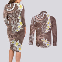 Mocha Mousse Polynesian Tribal Frangipani Tropical Vibe Couples Matching Long Sleeve Bodycon Dress and Long Sleeve Button Shirt